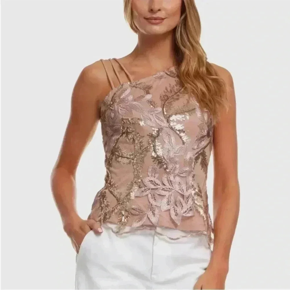 **SEE FREE OFFERInner Beauty Asymmetrical Leaf Rose Gold Embroidered Floral Top.